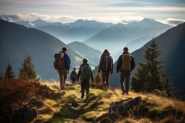 Obraz premium Group of hikers on top of a mountain in the Carpathiansm, a candid photo of a family and friends hiking together in the mountains in the vacation trip week, AI Generated