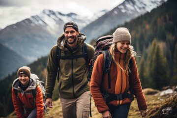 Group of people hiking in the mountains. Hikers with backpacks, a candid photo of a family and friends hiking together in the mountains in the vacation trip week, AI Generated