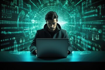 Young hacker stealing data from a laptop with a binary code on the background, A cyber security expert working on a laptop with digital padlocks and encryption codes displayed around, AI Generated