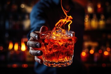 Barman hand holding a glass of cocktail with ice on fire background, A glass of fiery cocktail on the bar counter against the background of the bartender's hands with fire, AI Generated - Powered by Adobe