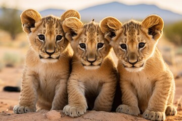 Lion cubs in the Kalahari desert in Namibia, a group of young small teenage lions curiously looking straight into the camera in the desert, AI Generated - obrazy, fototapety, plakaty