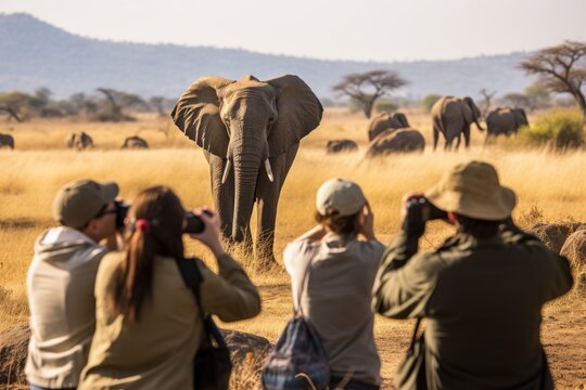 Group of tourists taking photos of an elephant in Serengeti National Park, Tanzania, A group of young people watch and photograph wild elephants on a safari tour in a national park, AI Generated