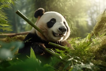 Giant panda bear eating bamboo in the forest, Chengdu, China, A panda chewing on bamboo, AI...