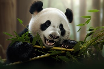 A giant panda bear eating bamboo leaves in a bamboo forest, A panda chewing on bamboo, AI Generated