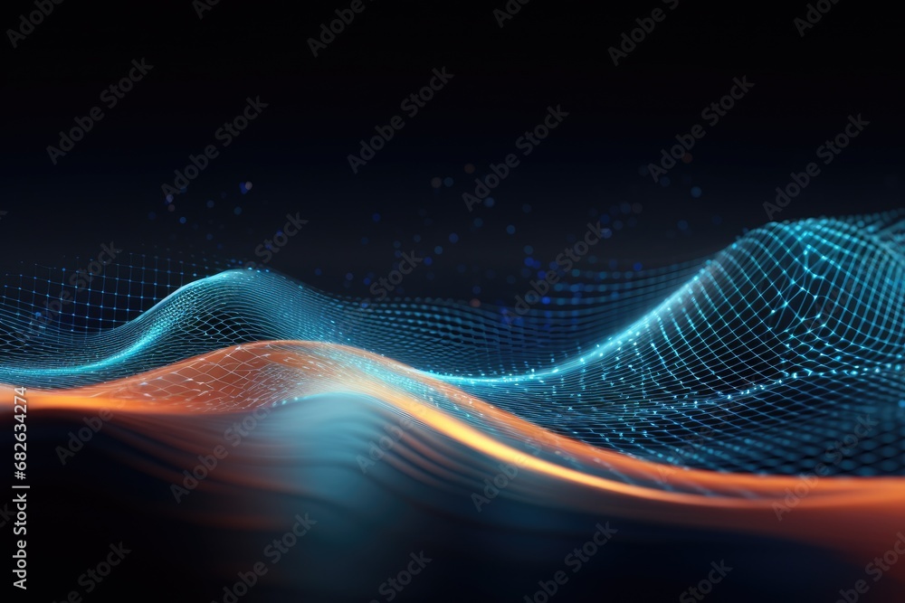 Poster 3d illustration of abstract digital wave with glowing particles on dark background, abstract digital