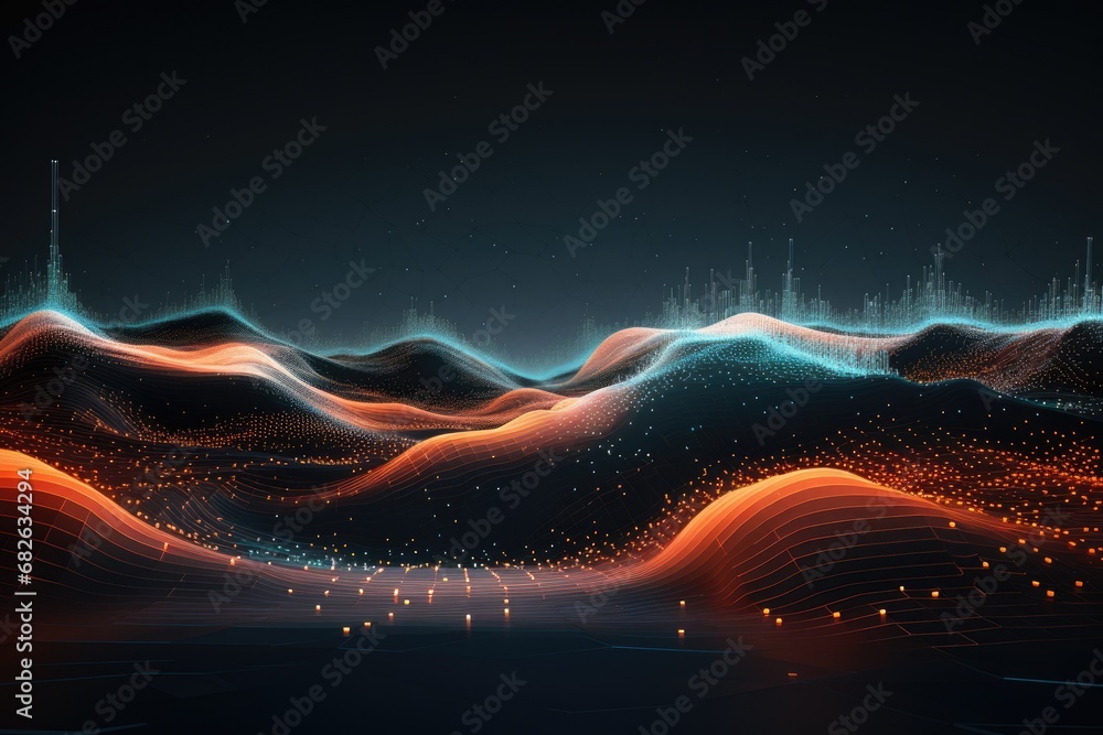 Poster 3d rendering of abstract digital landscape with flowing particles on black background, abstract digi