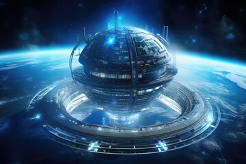 3D rendering of a futuristic space station against the background of the planet Earth, A space station orbiting a planet with digital waves, advanced technology, and holographic, AI Generated