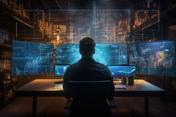 Silhouette of a hacker in a dark room with binary code on the wall, A software engineer engaged in computer work involving data analysis and AI algorithms, captured from the rear view, AI Generated