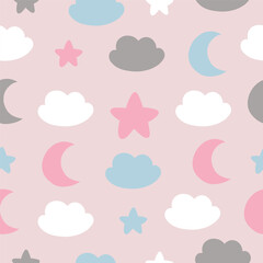 Seamless pattern with cute cloud, moon, star for your fabric, children textile, apparel, nursery decoration, gift wrap paper, baby's shirt. Vector illustration
