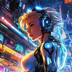 a girl listens to music in a night city