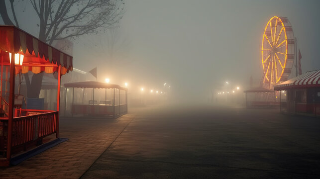 Empty amusement park with a Ferris wheel on a misty evening after the rain. Mysterious and eerie atmosphere.