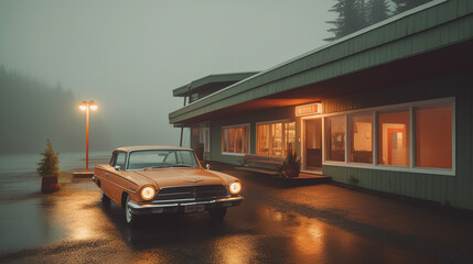 Orange retro style car parked near a traditional motel. Misty evening after the rain, mysterious atmosphere.