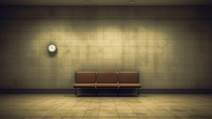 Gloomy metro or bus station with a brown empty bench and a clock on the tiled wall. Urban public transportation. Concept of time passing and waiting. - obrazy, fototapety, plakaty