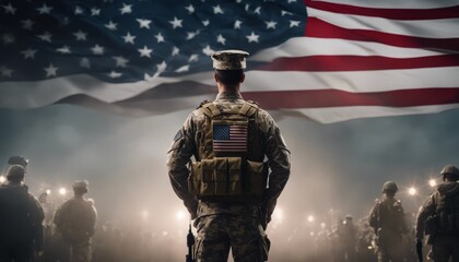 soldier in military uniform standing with the back to the camera with the usa flag in the background - obrazy, fototapety, plakaty