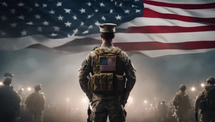 Poster soldier in military uniform standing with the back to the camera with the usa flag in the background © adi