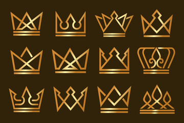 Set of linear crown icons. Royal, luxury symbol. King, queen abstract geometric logo.