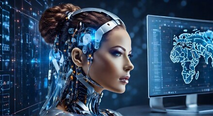 AI Artificial Intelligence. Business woman using AI technology for data analysis, coding computer language with digital brain, machine learning on virtual screen, business intelligence