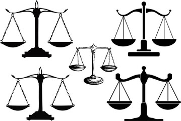 Justice court scales set in high HD resolution. Justice, judicial, law balance scale icons. Isolated symbols of court, judge or lawyer, law, truth, judgement and punishment.