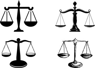 Justice court scales set in high HD resolution. Justice, judicial, law balance scale icons. Isolated symbols of court, judge or lawyer, law, truth, judgement and punishment.