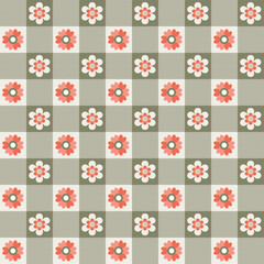 Abstract geometric seamless and checkered patterns with flowers in green beige and orange colors. Element design for background and fabric print. Vector illustration.