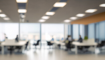 Fototapeta premium Blurred empty open space office. Abstract light bokeh at office interior background