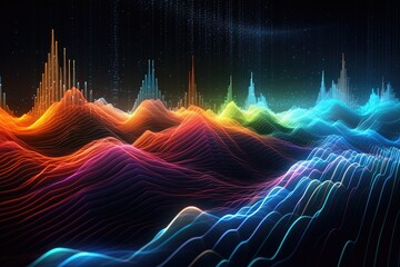 colorful floating analog digital waves and wave-forms on a black background, signal processing, amplitude and frequency, abstract background