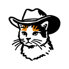Hand Drawn Illustration of a Cat in a Cowboy Hat