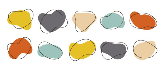 Abstract organic shapes collection. Irregular liquid forms set. Cute amoeba blobs, blotches, drops or stains bundle. Different design templates for label, sticker, banner, presentation, flyer. Vector