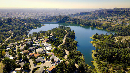 Flight over Lake Hollywood in Los Angeles - Los Angeles Drone footage - aerial photography