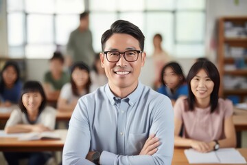 smiling asian thai male teacher in a class