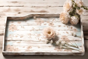 A weathered wooden tray adorned with distressed white paint with flowers 