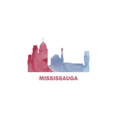 Obraz premium Mississauga watercolor cityscape skyline city panorama vector flat modern logo, icon. Ontario province, Canada town emblem concept with landmarks and building silhouettes. Isolated graphic