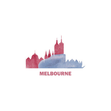 Melbourne watercolor cityscape skyline city panorama vector flat modern logo, icon. Australia, Victoria state emblem concept with landmarks and building silhouettes. Isolated graphic