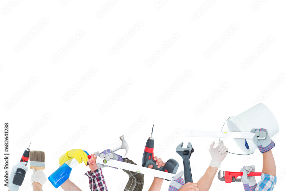 Aufkleber digital png photo of hands with tools with copy space on transparent background