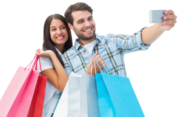 Digital png photo of caucasian couple with shopping bags and smartphone on transparent background