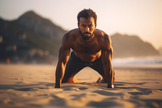 Strong Black Man Doing Exercise On The Beach