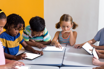 Digital png photo of diverse schoolchildren using tablets with copy space on transparent background