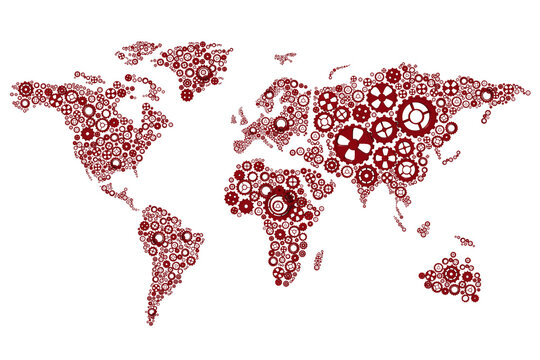 Digital png illustration of world map of cogs on transparent background