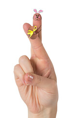 Fototapeta premium Digital png illustration of hand with bunny puppet with egg on fingers on transparent background