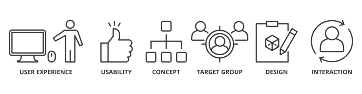 User interface design banner web icon vector illustration concept with icon of user experience, usability, concept, target group, design and interaction