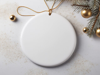White flat ornament mock up. Plain white flat circle ceramic christmas ornament with a gold string, on white background