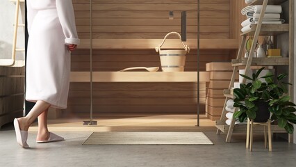 Woman wear white robe walking into wooden sauna steam room with glass door by bathtub, shelf of...