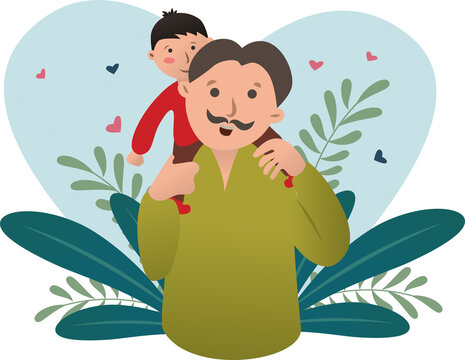 Digital png illustration of father carrying son with blue heart on transparent background