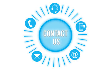 Digital png illustration of contact us text in blue circle and shapes on transparent background