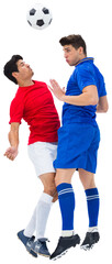 Obraz premium Digital png photo of two diverse football players jumping to ball on transparent background