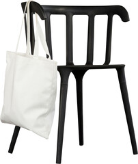 Digital png illustration of black chair with white bag on transparent background