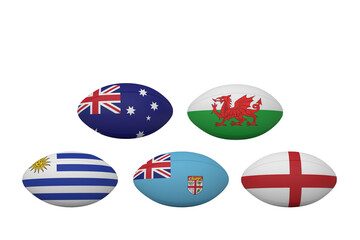 Digital png illustration of rugby balls with flags of different countries on transparent background