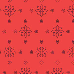Digital png illustration of black flowers repeated on red background