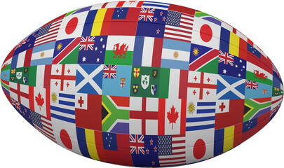 Digital png illustration of rugby ball with flags of different countries on transparent background