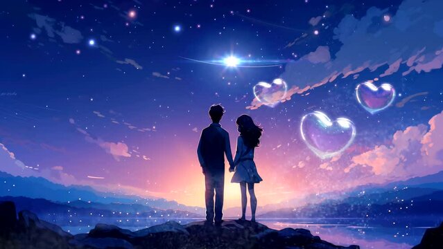 a young couple watch falling star in night, love after marriage romantic moment video background anime style cartoon	